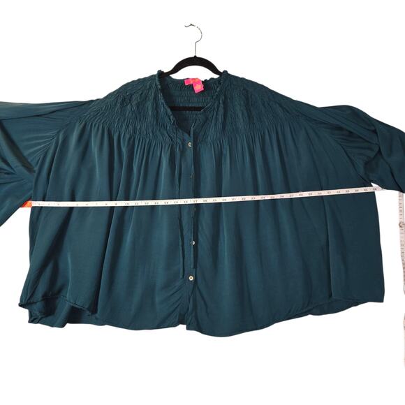 Catherine Malandrino Womens Teal Blue Smocked Peasant Blouse XL Poet‎ Sleeve Top - Picture 9 of 13